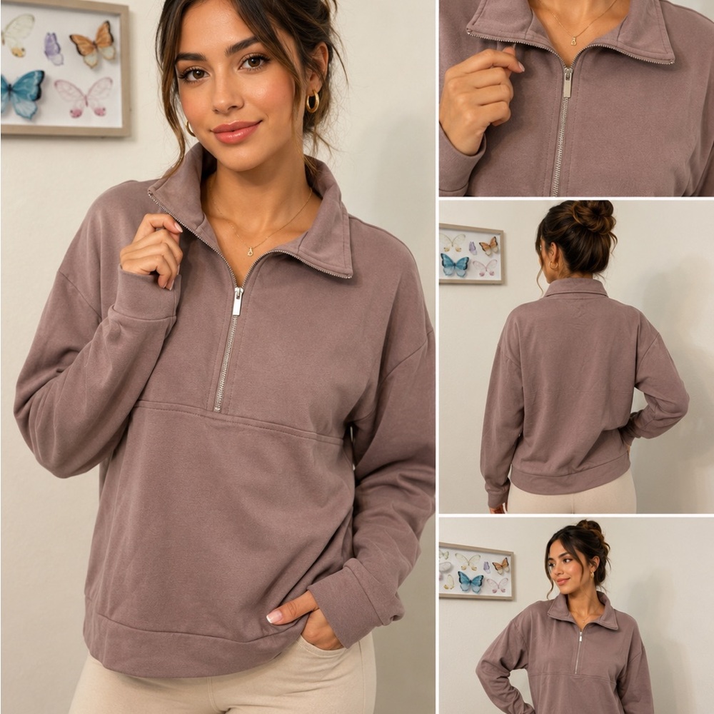Mango Mauve Quarter Zip Pullover Sweatshirt Size M